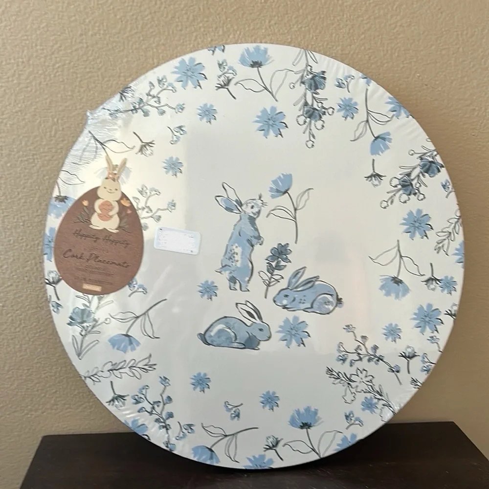 Envogue Set Of 4 Cork Placemats New Easter Bunny Round Blue White